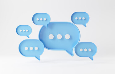 Wall Mural - Minimalist blue speech bubbles talk icons floating over white background. Modern conversation or social media messages with shadow. 3D rendering
