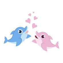 Two Cute Dolphins In Love With Hearts.Vector Illustration For Valentine's Day.