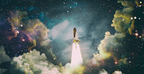 Wall Mural - shuttle launch in the clouds to outer space. dark space with stars on background.spaceship flight. e