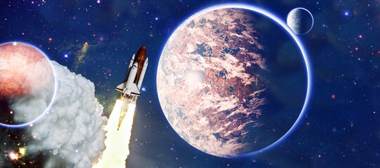 Wall Mural - rockets launch into space on the starry sky. spacecraft flies into space with clouds of smoke. eleme