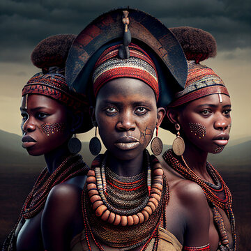 Portrait of traditional african native tribe woman in the desert, jewellery like big necklace and earings, generative ai