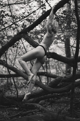 Wall Mural - Seductive woman hanging on tree branch monochrome scenic photography. Picture of person with forest on background. High quality wallpaper. Photo concept for ads, travel blog, magazine, article