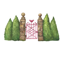 Red Metal Gate With A Bird Between Stone Pillars. Entrance To An Ancient Garden And A Fence Of Thuja Evergreens. Hand Drawn Watercolor Painting Illustration Isolated On White Background.
