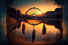 Dream Catcher With Blurred Nature Landscape At Sunset In Background