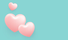 Love Happy Valentine's Day Background Illustration. Beautiful Turquoise Background With Realistic Three Big Heart