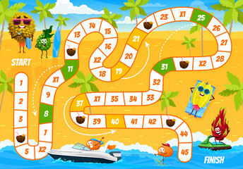 Leinwandbilder - Kids board step game, cartoon fruits characters on summer beach, vector quiz worksheet. Mandarin on speedboat, pitaya on jet ski and cherimoya on sea surfboard, start and finish dice race game