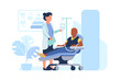Man suffering from cancer disease. Patient receiving chemotherapy under care of physician. Hospital treatment. Oncology sickness. Ill male lying on bed with medical dropper. Vector concept