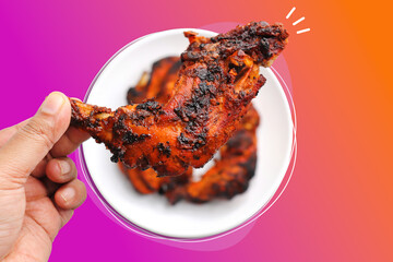 Tandoori chicken food banner. popular roast chicken recipe from India. Chicken tangdi kabab. Chicken Tandoori wallpaper with Copy Space.