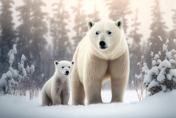 Wall Mural - illustration of mother and baby polar bear, family in the snow in winter (generative ai)
