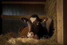 The Calf In The Barn Is Enjoying Some Hay. Generative AI