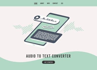 Poster - Audio to text converter concept. Transcribe voice audio messages to plain text. Online speech-to-text convert flat design vector e-commerce landing page template