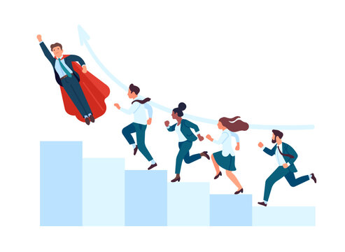 Super business team. Superhero leads colleagues. Office teamwork. Flying hero and workers running up stairs. Businessman in heroic cape. Corporate growth infographic. Vector concept