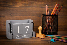 17 January Inscription On Wooden Calendar. Wooden Office Desk