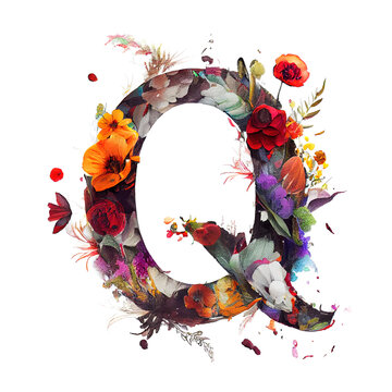 Colorful alphabet capital letter Q made with flowers. Ink painting. Generative art