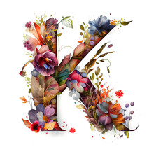 Colorful Alphabet Capital Letter K Made With Flowers. Ink Painting. Generative Art