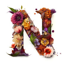 Colorful Alphabet Capital Letter N Made With Flowers. Ink Painting. Generative Art
