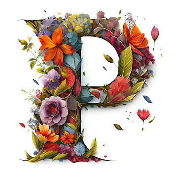 Colorful alphabet capital letter P made with flowers. Ink painting. Generative art