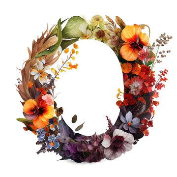 Colorful alphabet capital letter O made with flowers. Ink painting. Generative art