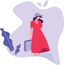 Woman Traveling With Suitcase Vector Hand Drawn