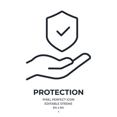 Wall Mural - hand holding a shield with checkmark. insurance and protection concept editable stroke outline icon 