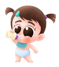 Vector Illustration Of Cartoon Baby Character. Cute Baby Holding Milk Bottle