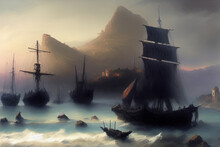 A Mountainous Island Shrouded In Mist With Rudimentary Medieval Ships . Generative AI