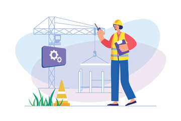 Wall Mural - Construction engineer concept with people scene. Woman works as architect, technician or contractor, and stands near crane at cite. Illustration with character in flat design for web banner