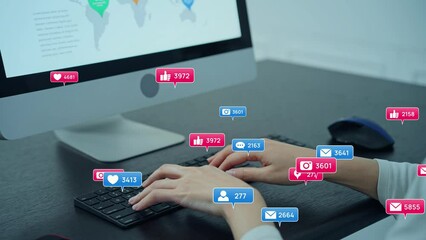 Poster - PC user and various notification balloons. Social networking service. SNS marketing. Review website.
