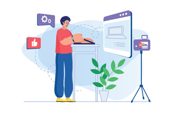 Poster - Video blogging concept with people scene. Man blogger is recording laptop review or giving tech tutorial for subscribers using camera. Illustration with character in flat design for web banner