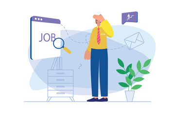 Poster - job search concept with people scene. man looking open vacancies online, selection best offers and s