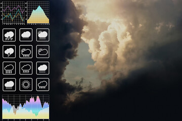Wall Mural - weather forecast symbol data presentation with graph and chart on dramatic tropical storm clouds and