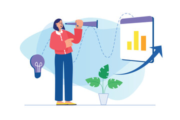 Poster - Searching opportunities concept with people scene. Woman looks through telescope and looks for best career offers and open vacancies. Illustration with character in flat design for web banner