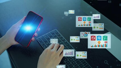 Poster - PC and smartphone user and Digital documents concept. Digital transformation. Information communication technology.