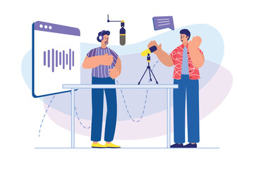 Poster - Podcast streaming concept with people scene. Host and guest of show speak into microphones, record interviews during live broadcast. Illustration with character in flat design for web banner