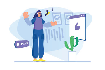 Poster - Podcast streaming concept with people scene. Woman host in earphones talking into microphone and making live broadcast at radio. Illustration with character in flat design for web banner