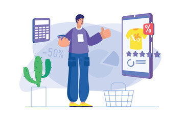 Poster - mobile commerce concept with people scene. man customer chooses new clothes with discount price, ord