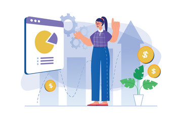Aufkleber - Sales performance concept with people scene. Woman analyzes data on diagram, makes financial audit and fixes growth of sales profit. Illustration with character in flat design for web banner
