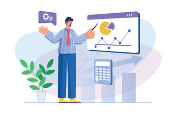 Poster - Sales performance concept with people scene. Man analyzes data on diagram and chart, makes financial research and growth of profit. Illustration with character in flat design for web banner