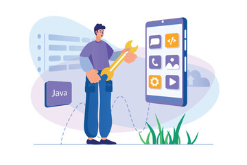 Aufkleber - app development concept with people scene. man creates graphic content, settings and places buttons 
