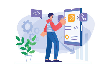 Aufkleber - App development concept with people scene. Man designer creates graphic content and places buttons at display for mobile app layout. Illustration with character in flat design for web banner