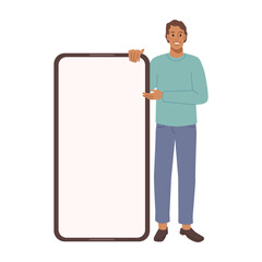 Aufkleber - Caucasian man with mobile show empty display, male person hold screen showing something. Vector flat cartoon character with smartphone in hand show empty display