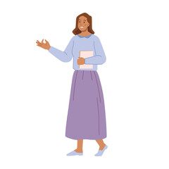 Aufkleber - Cartoon woman shows presentation pointing, showing and introducing product with hand gesture. Vector female with folder in hands, friendly woman in casual cloth advertising something