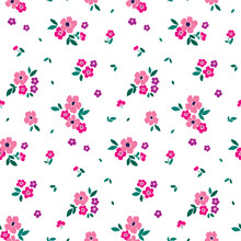 Seamless Floral Pattern, Romantic Flower Print With Small Plants In Rustic Style. Cute Ditsy Design: Tiny Hand Drawn Flowers, Leaves In Liberty Arrangement On White Background. Vector Illustration.