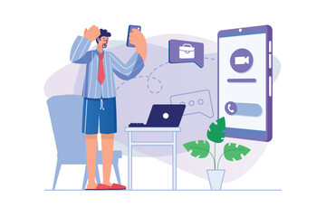 Poster - freelance working concept with people scene. man freelancer talking on video conference with colleag