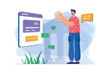Aufkleber - Mobile banking concept with people scene. Man manages online financial account and credit cards, transfers money and receives cash. Illustration with character in flat design for web banner