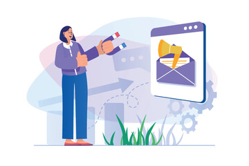 Poster - Email marketing concept with people scene. Woman attracts new audience using advertising mailings, online promotion for business. Illustration with character in flat design for web banner