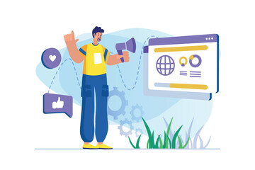 Aufkleber - Social media marketing concept with people scene. Man makes ad campaign in social networks for users and converts them into clients. Illustration with character in flat design for web banner