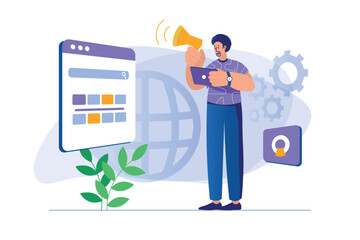 Aufkleber - Digital marketing concept with people scene. Man makes promo campaign in social networks, promotes business online, analyzes data. Illustration with character in flat design for web banner