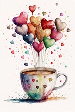 A Cup Of Coffee With Hearts Floating Out Of It And A Watercolor Painting Of The Inside Of The Cup., Generative Ai