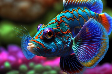 Wall Mural - Gorgeous Mandarin Fish Magnificent Mandarin Fish Magnificent Mandarin Fish Up Close. Generative AI